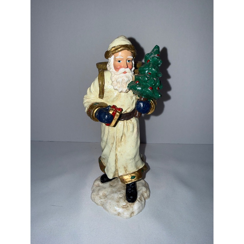Vintage Old World Santa Claus Figurine Cream Gold Taper Candle Holder 7.5 Inch